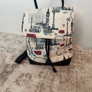 Harrods White London Print Backpack with Black Trim